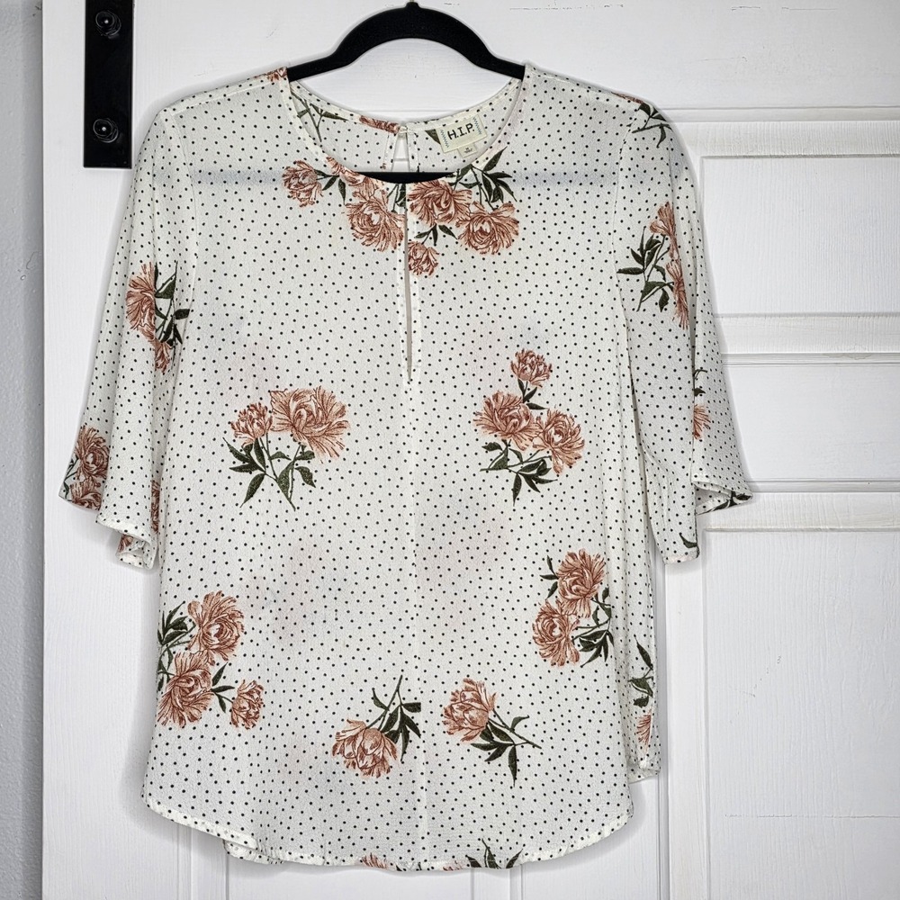 H.I.P. White Floral Polka Dot Pintuck Popover Blouse Size M Boho Flowy